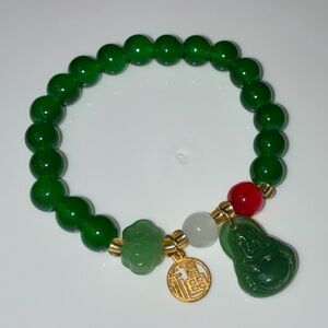 Green Jade Beaded Charm Bracelet with Gold Accents